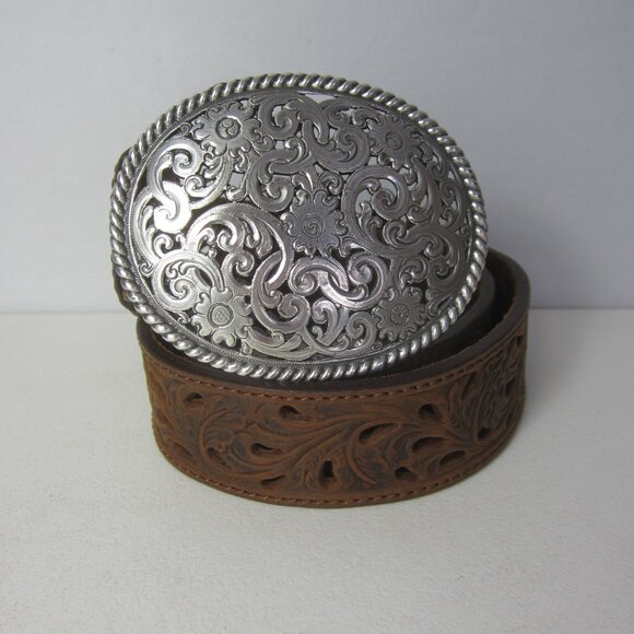 New Tony Lama Women 32 Brown Pierced Leather Filigree Belt Silvertone Buckle - Picture 8 of 12